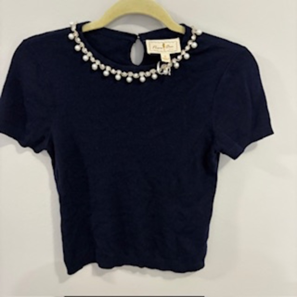 NWT Flora Bea NYC Sweater Pearl and Rhinestone Beading at Collar Navy Size S